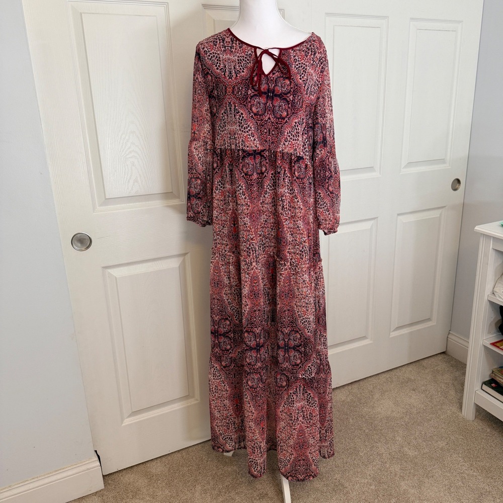 St. John's Bay Maxi Dress Women Size S Red Paisley Tiered Boho Chiffon‎ 72613-3
